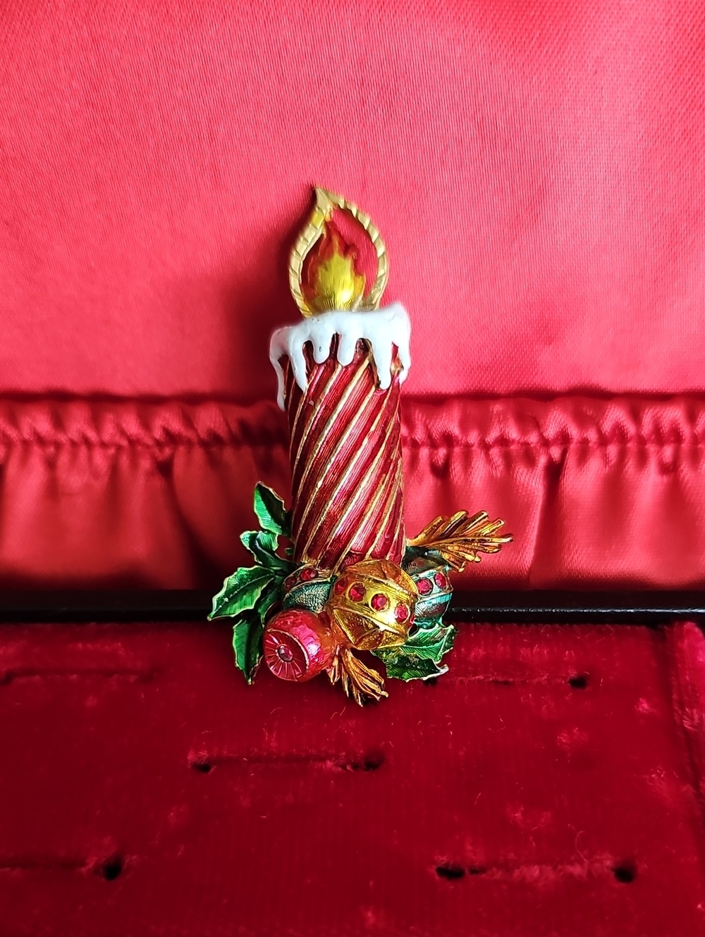 Festive St. Labre Red Candle Brooch with Green Holly Accents
